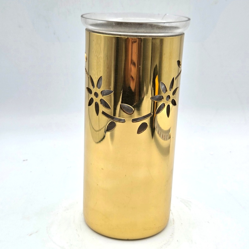 VINTAGE Gold Metal Votive Candle Holder Cut Out Floral & Vines with Glass Liner